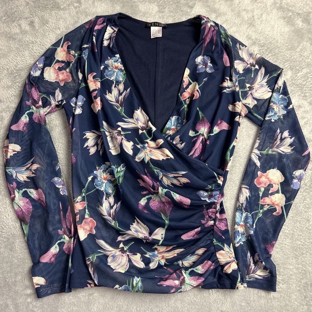Venus Womens Wrap Style Ruched Blue Blouse Floral Sz. S Sheer Fairy Shirt Top